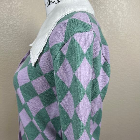 Y.A.S collar detail cardigan in lilac /green checkerboard size M retro academia - Picture 12 of 14